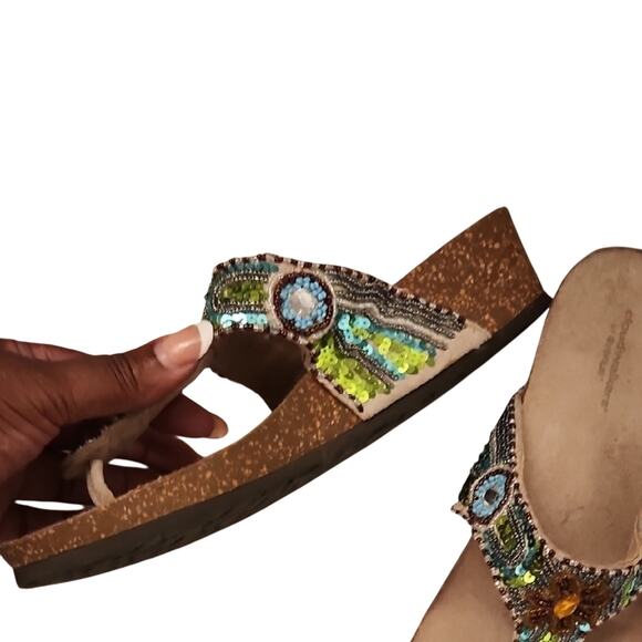 Cloud walkers Beaded Sandals Women's 11 - Green and Brown Wedge - Picture 3 of 4